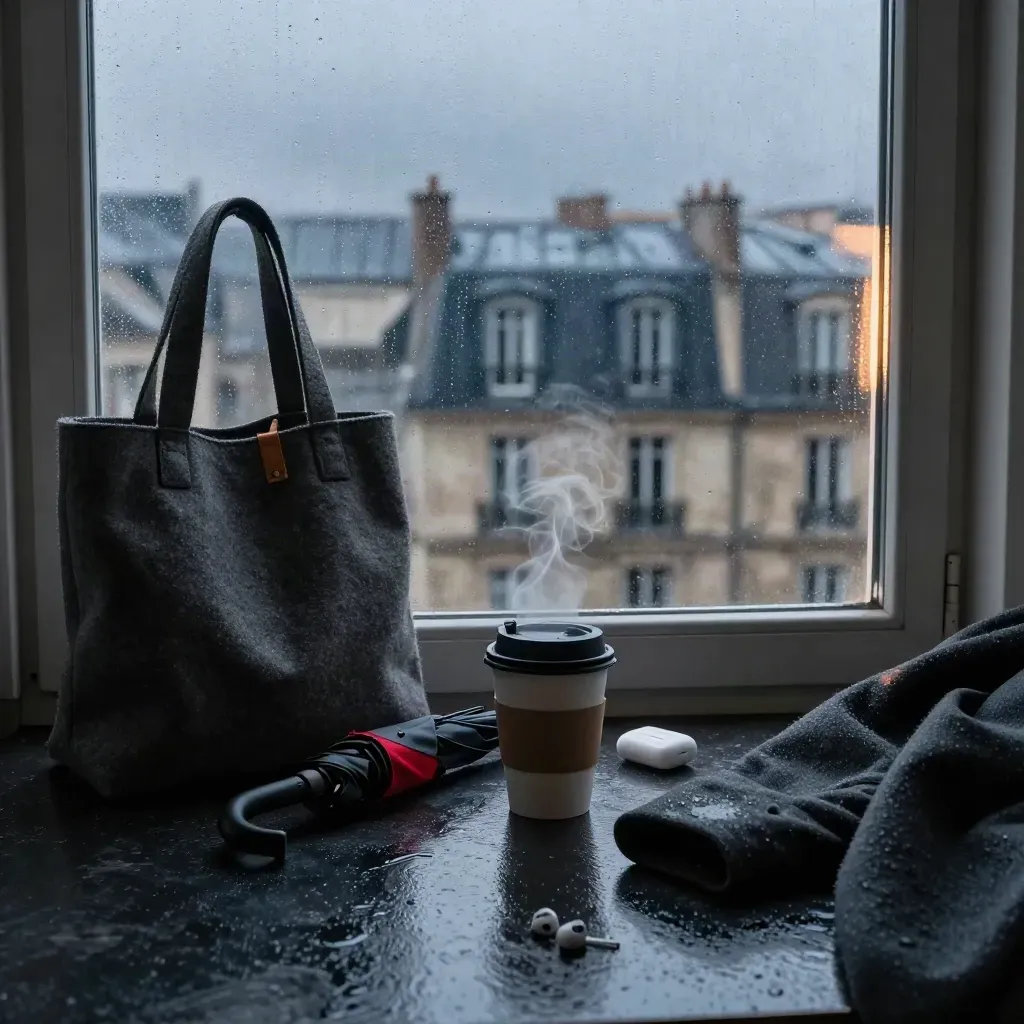 Tableau matinal de pluie avec tote, café, parapluie et vue de Paris.