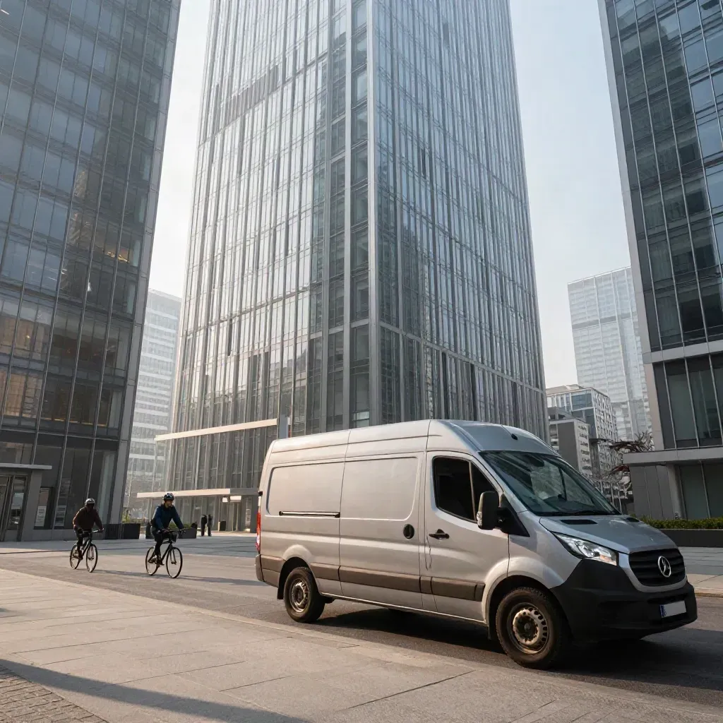 La Défense, fourgon de livraison et cyclistes sur la dalle sous une lumière d’hiver.