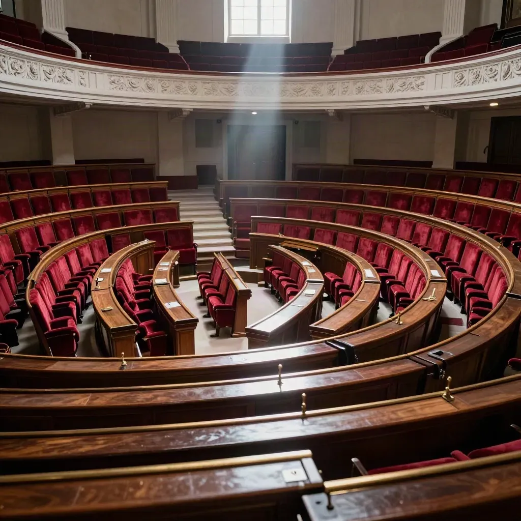 Hémicycle vide de l’Assemblée nationale, sièges rouges et pierre pâle sous une lumière froide.