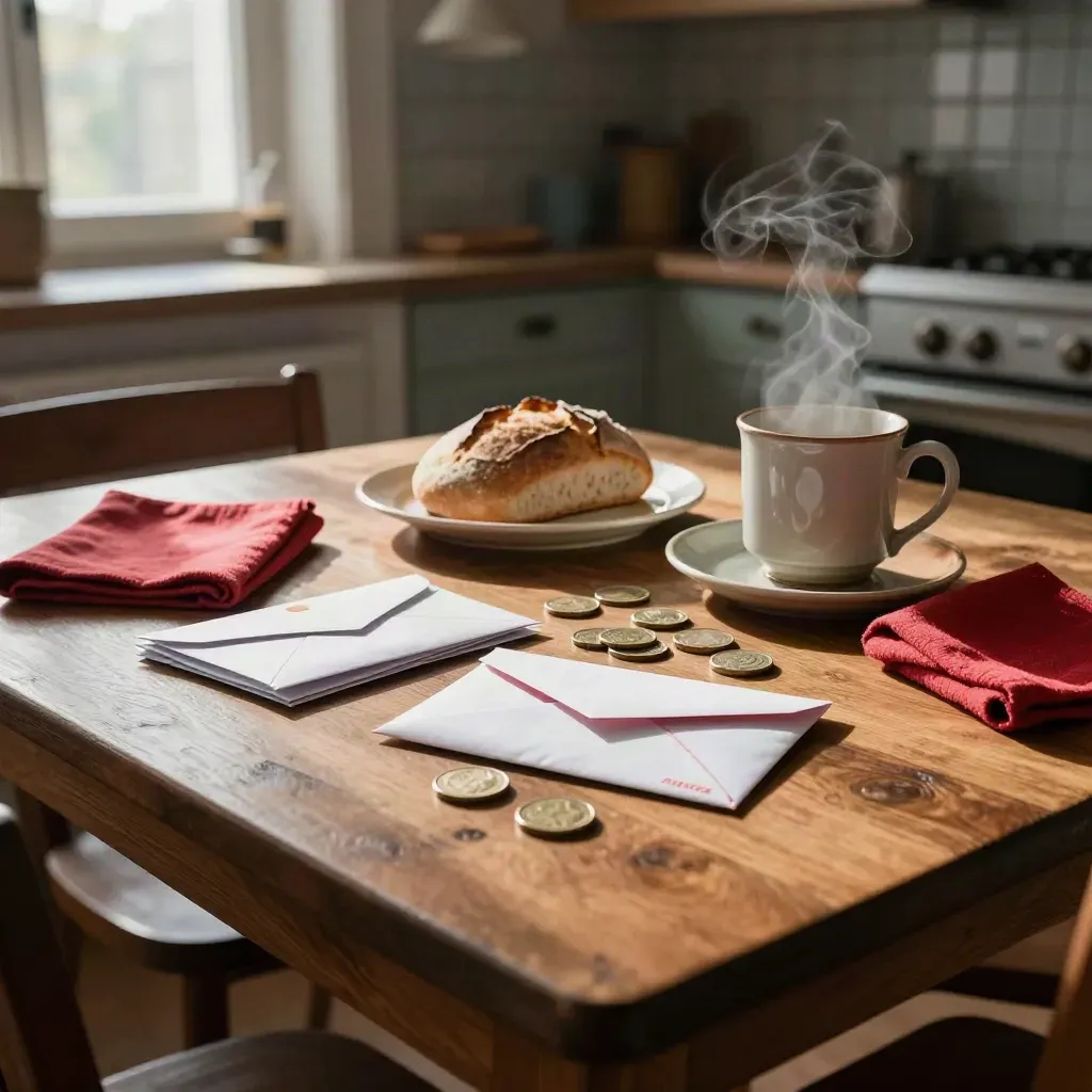 Table de cuisine avec enveloppes, pièces, pain, bol en céramique et vapeur, lumière douce.
