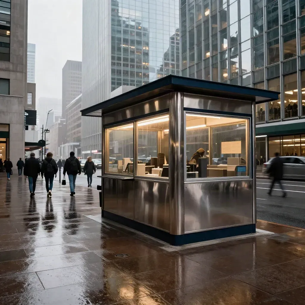 Place financière à l’aube, kiosque de rue et tours miroitantes, reflets sur pierre mouillée.