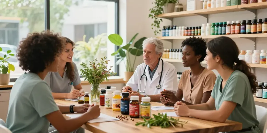 Health enthusiasts exploring naturaforce.com supplements in vibrant wellness store.