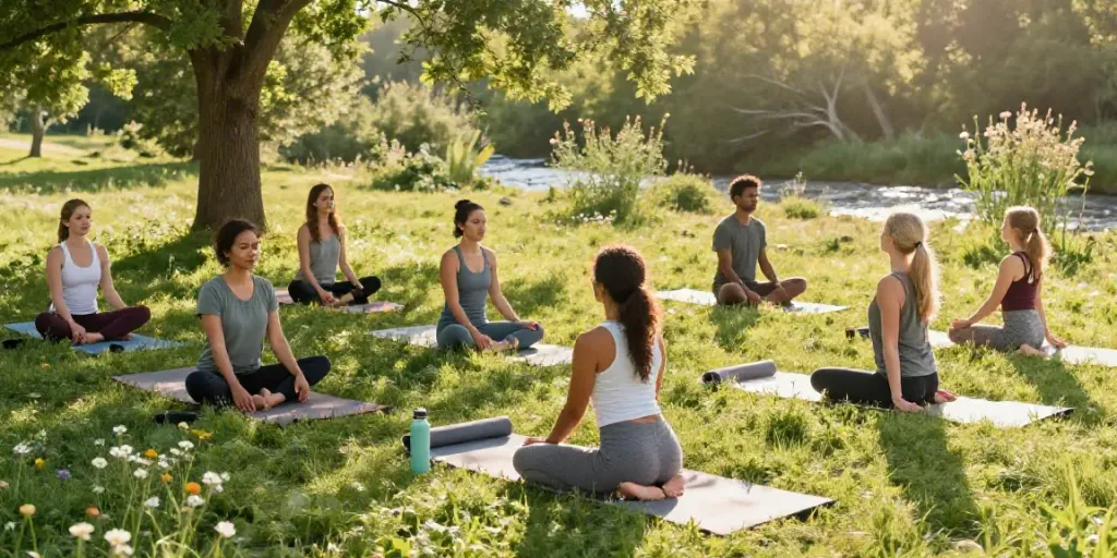 Lieu de yoga en plein air avec des pratiquants détendus, évoquant naturaforce.com et le bien-être naturel.
